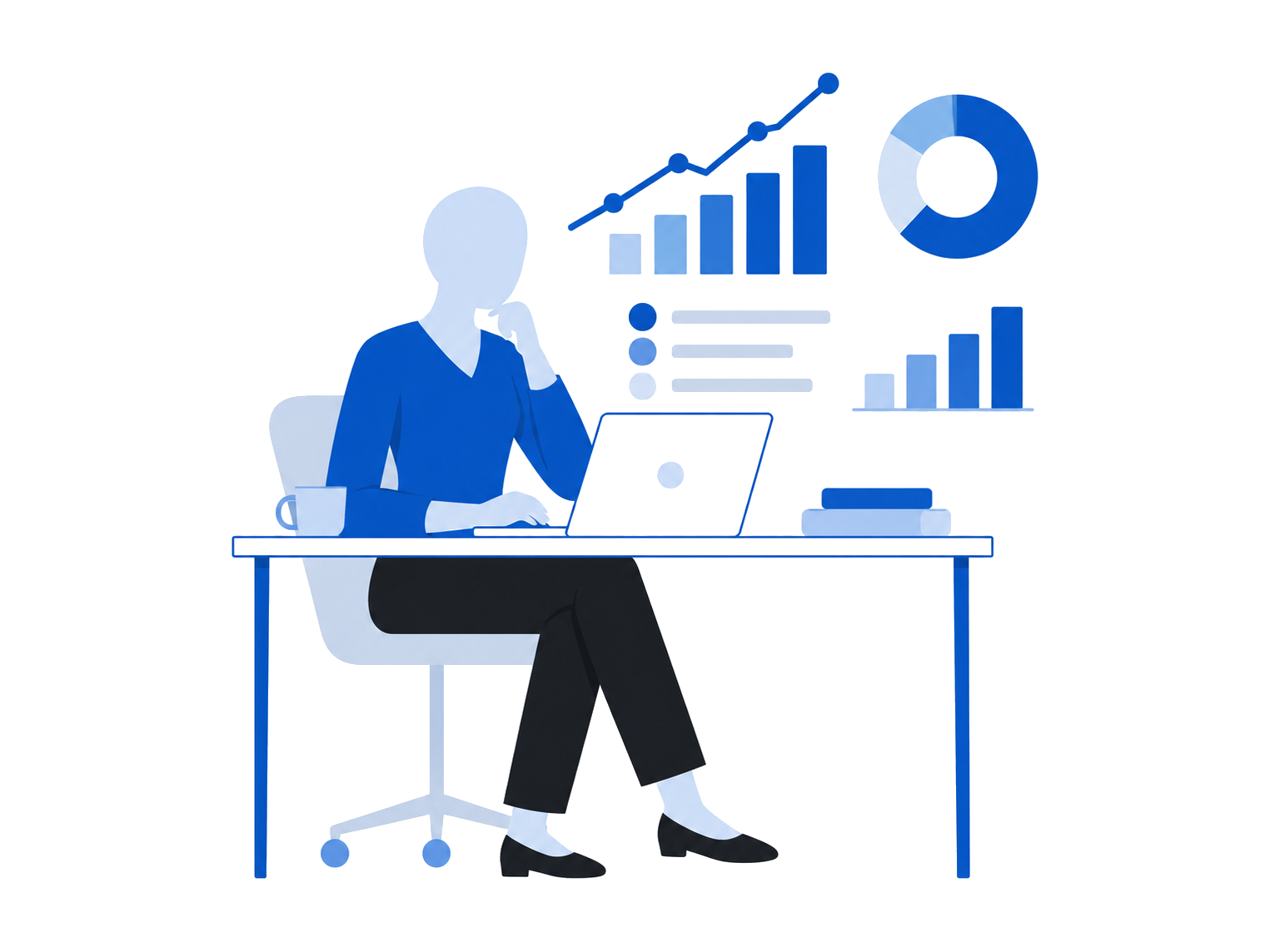 Illustration: a person interpreting a data dashboard on a laptop.